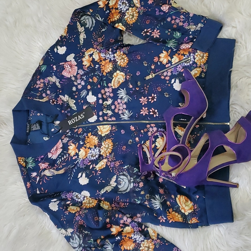 Navy Blue Floral Bomber
